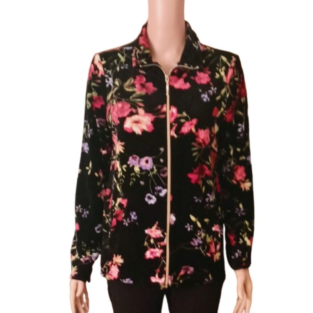 Black Floral Velour Jacket Size S with Gold Full Front Zipper.Fall Oversize Top